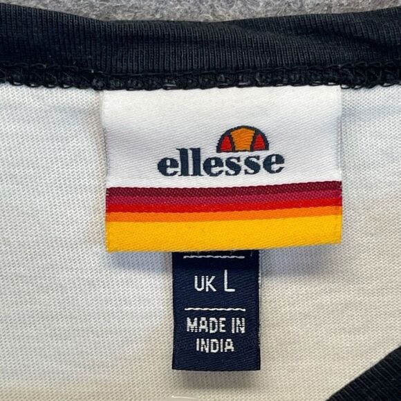 Vintage ELLESSE T-Shirt Men's Large White Big Logo Trashed Moa Ringer Graphic - Picture 5 of 16